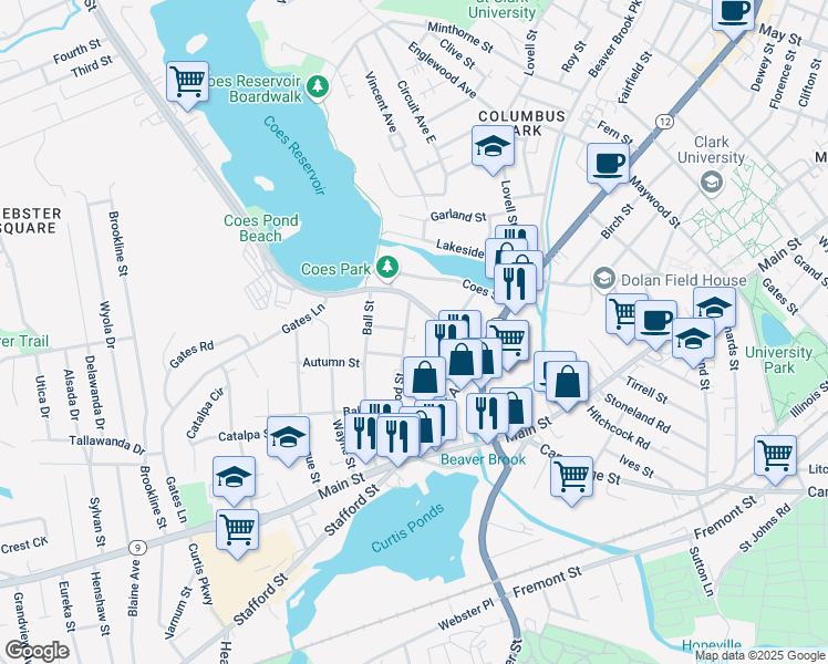 map of restaurants, bars, coffee shops, grocery stores, and more near 72 Lakewood Street in Worcester