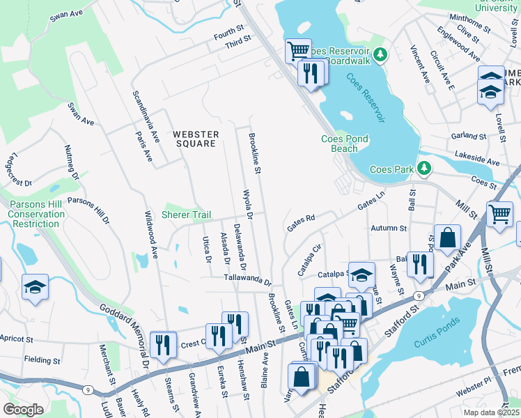 map of restaurants, bars, coffee shops, grocery stores, and more near 115 Brookline Street in Worcester