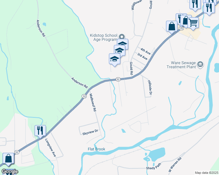 map of restaurants, bars, coffee shops, grocery stores, and more near Brookside Manor in Ware