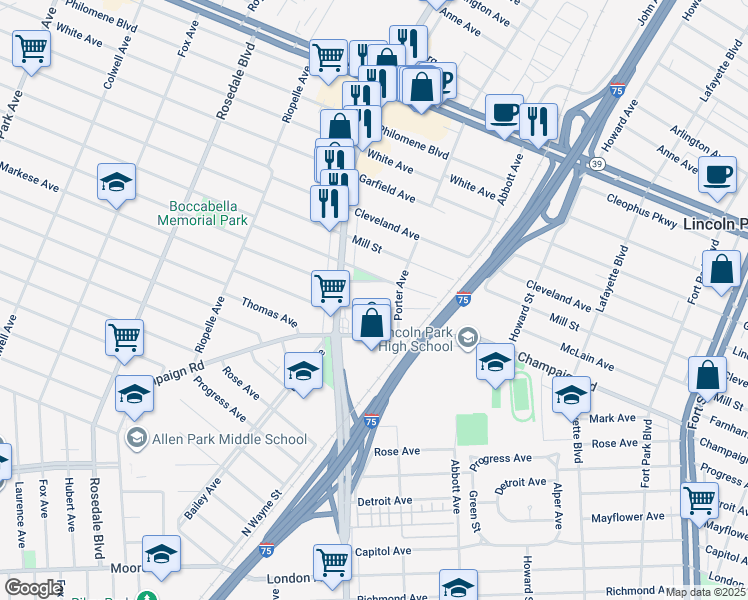 map of restaurants, bars, coffee shops, grocery stores, and more near 1809 Markese Avenue in Lincoln Park