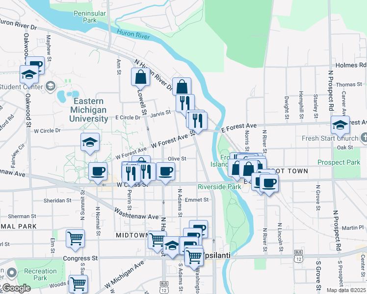 map of restaurants, bars, coffee shops, grocery stores, and more near 502 North Adams Street in Ypsilanti