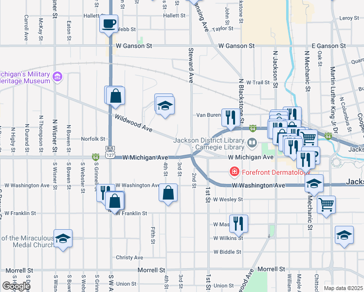 map of restaurants, bars, coffee shops, grocery stores, and more near 506 West Louis Glick Highway in Jackson