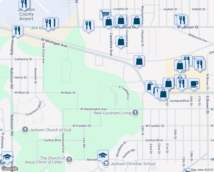 map of restaurants, bars, coffee shops, grocery stores, and more near 1518-1998 W Tanbark Ln in Jackson