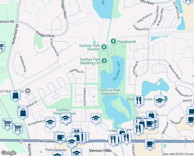 map of restaurants, bars, coffee shops, grocery stores, and more near 1 Timber Lane in Vernon Hills