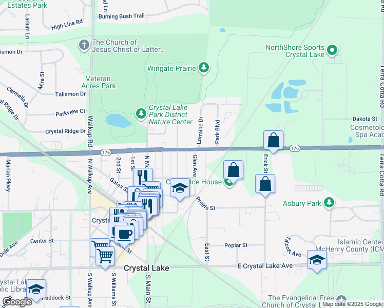 map of restaurants, bars, coffee shops, grocery stores, and more near 222 Glen Avenue in Crystal Lake