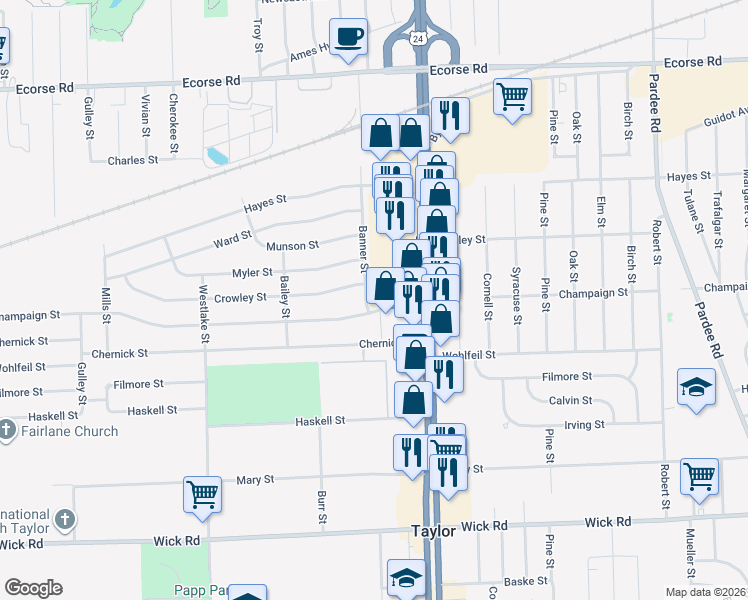 map of restaurants, bars, coffee shops, grocery stores, and more near 24305 Champaign Street in Taylor