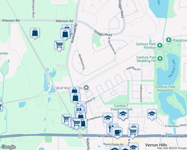 map of restaurants, bars, coffee shops, grocery stores, and more near 26409 Butterfield Road in Vernon Hills