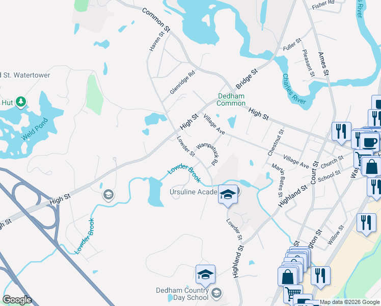 map of restaurants, bars, coffee shops, grocery stores, and more near 216 Lowder Street in Dedham
