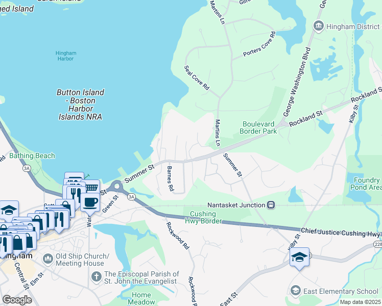 map of restaurants, bars, coffee shops, grocery stores, and more near 111R Summer Street in Hingham