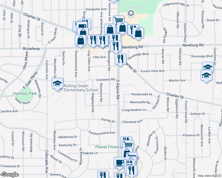 map of restaurants, bars, coffee shops, grocery stores, and more near 1830 Remington Road in Rockford