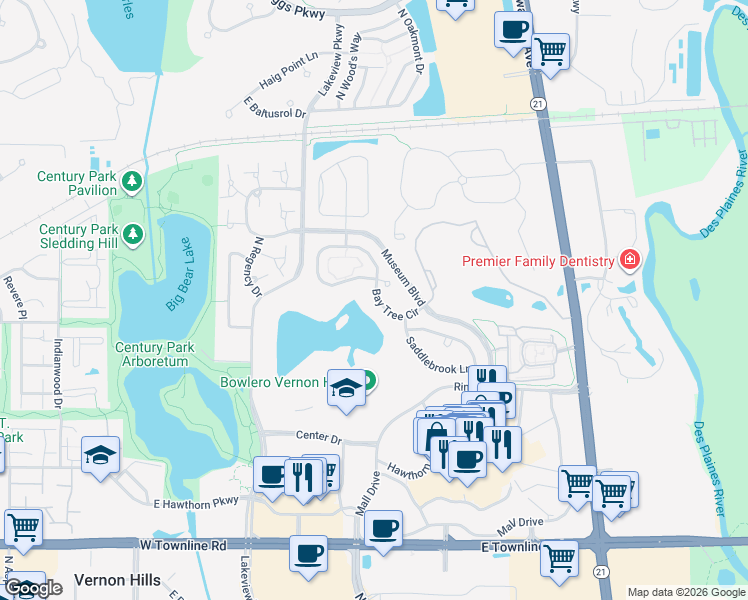 map of restaurants, bars, coffee shops, grocery stores, and more near 449 Bay Tree Circle in Vernon Hills