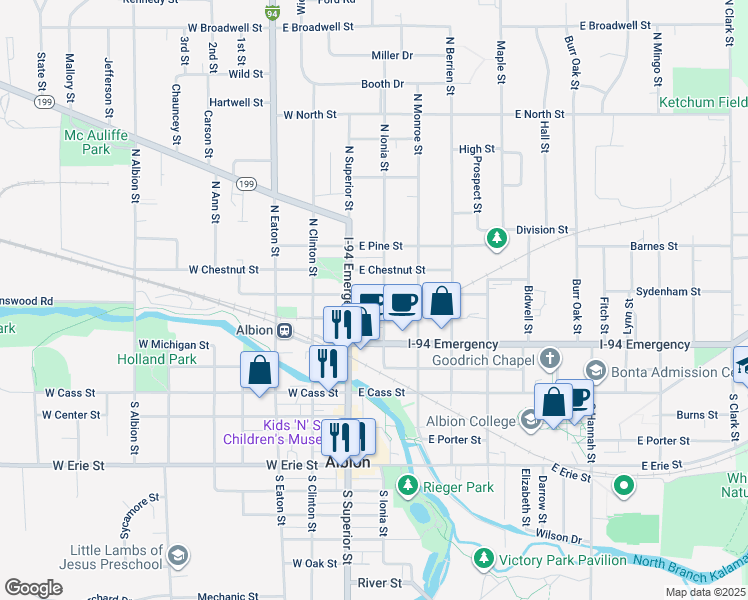 map of restaurants, bars, coffee shops, grocery stores, and more near 120 East Chestnut Street in Albion