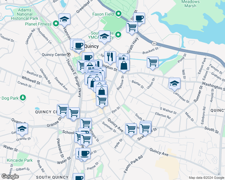 map of restaurants, bars, coffee shops, grocery stores, and more near 53 Revere Road in Quincy