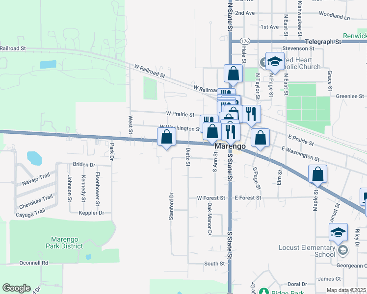 map of restaurants, bars, coffee shops, grocery stores, and more near 413 West Grant Highway in Marengo