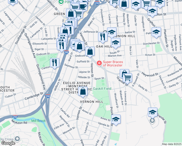 map of restaurants, bars, coffee shops, grocery stores, and more near in Worcester