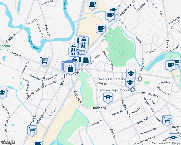 map of restaurants, bars, coffee shops, grocery stores, and more near 364 East Street in Dedham