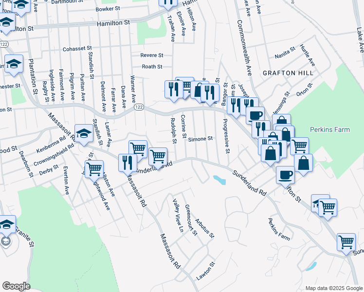 map of restaurants, bars, coffee shops, grocery stores, and more near 15 Rudolph Street in Worcester