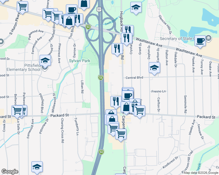 map of restaurants, bars, coffee shops, grocery stores, and more near 3811 Sparrow Wood Drive in Ann Arbor