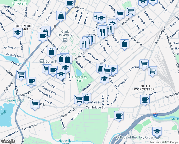 map of restaurants, bars, coffee shops, grocery stores, and more near 53 Gates Street in Worcester