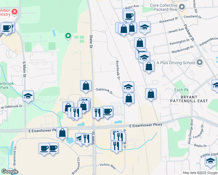 map of restaurants, bars, coffee shops, grocery stores, and more near 1000 Oakbrook Drive in Ann Arbor