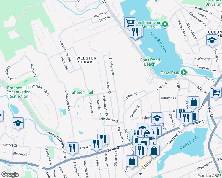 map of restaurants, bars, coffee shops, grocery stores, and more near 132 Brookline Street in Worcester