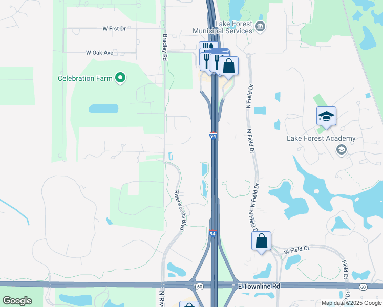 map of restaurants, bars, coffee shops, grocery stores, and more near 26525 North Riverwoods Boulevard in Mettawa