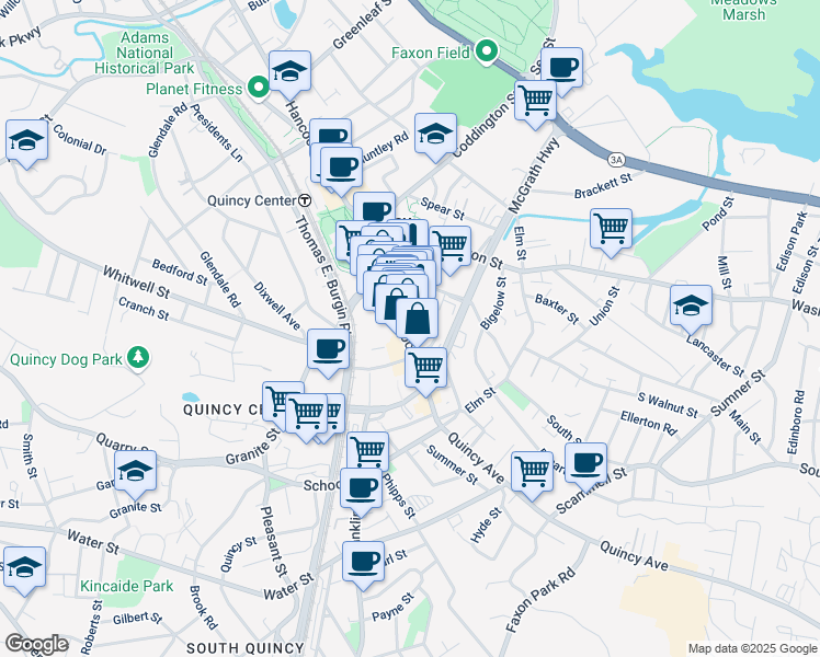 map of restaurants, bars, coffee shops, grocery stores, and more near 3 Cottage Avenue in Quincy