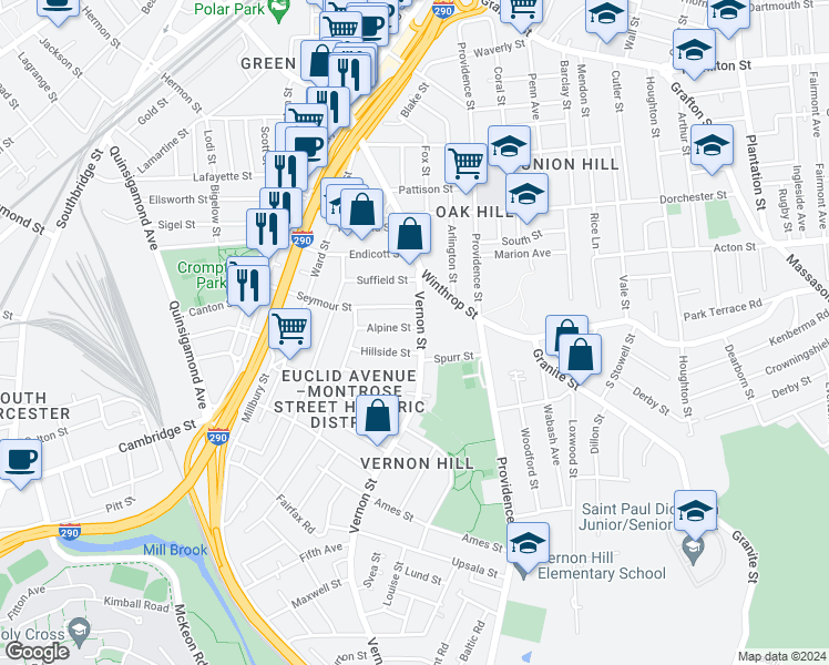 map of restaurants, bars, coffee shops, grocery stores, and more near 90 Vernon Street in Worcester