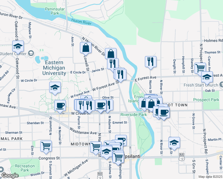 map of restaurants, bars, coffee shops, grocery stores, and more near 516 North Adams Street in Ypsilanti