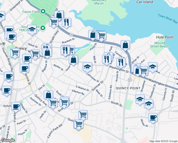 map of restaurants, bars, coffee shops, grocery stores, and more near 9 Lowe Street in Quincy