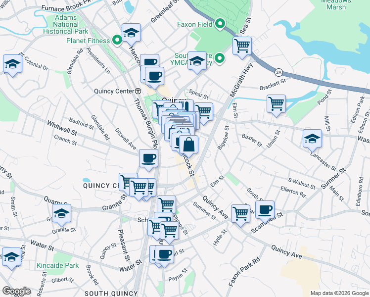 map of restaurants, bars, coffee shops, grocery stores, and more near 3 Cottage Avenue in Quincy