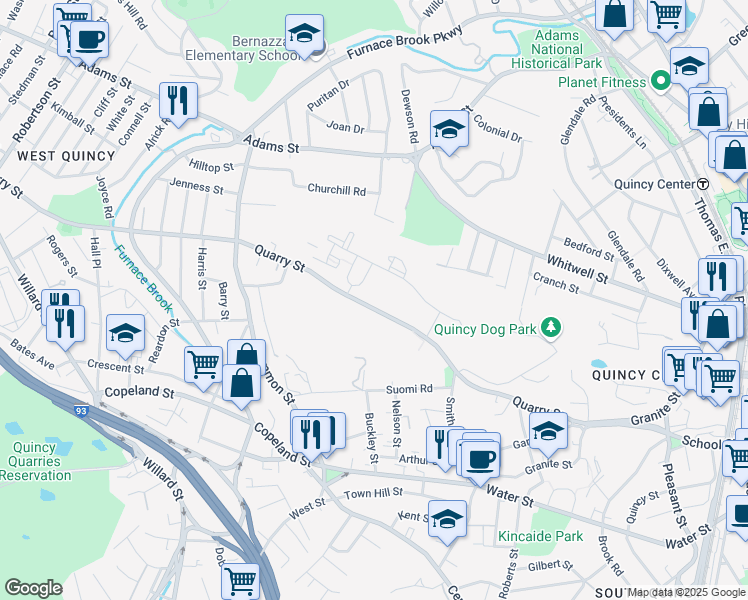 map of restaurants, bars, coffee shops, grocery stores, and more near 2 Cityview Lane in Quincy