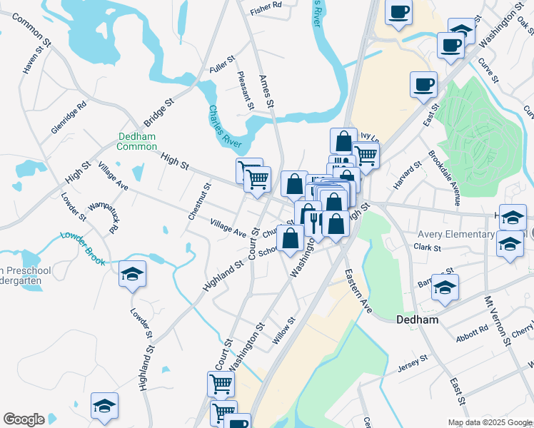 map of restaurants, bars, coffee shops, grocery stores, and more near 660 High Street in Dedham