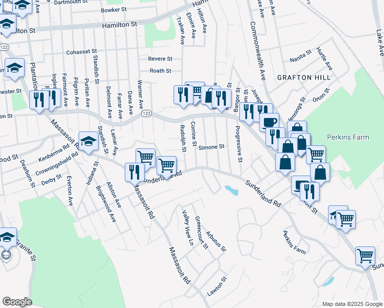 map of restaurants, bars, coffee shops, grocery stores, and more near 15 Rudolph Street in Worcester