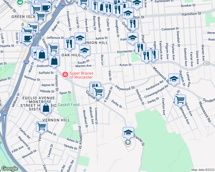 map of restaurants, bars, coffee shops, grocery stores, and more near 118 Vale Street in Worcester