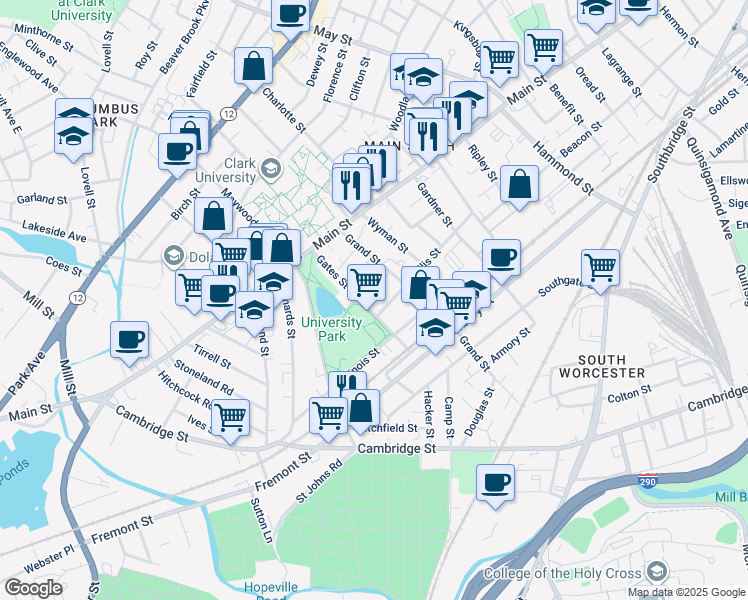 map of restaurants, bars, coffee shops, grocery stores, and more near 4 Albert Street in Worcester