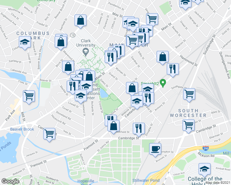 map of restaurants, bars, coffee shops, grocery stores, and more near 4 Albert Street in Worcester