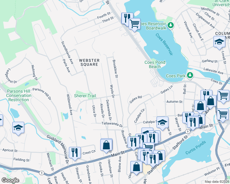 map of restaurants, bars, coffee shops, grocery stores, and more near 132 Brookline Street in Worcester