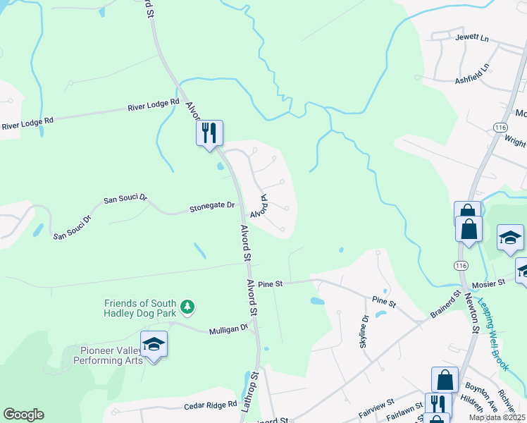 map of restaurants, bars, coffee shops, grocery stores, and more near 403 Alvord Place in South Hadley