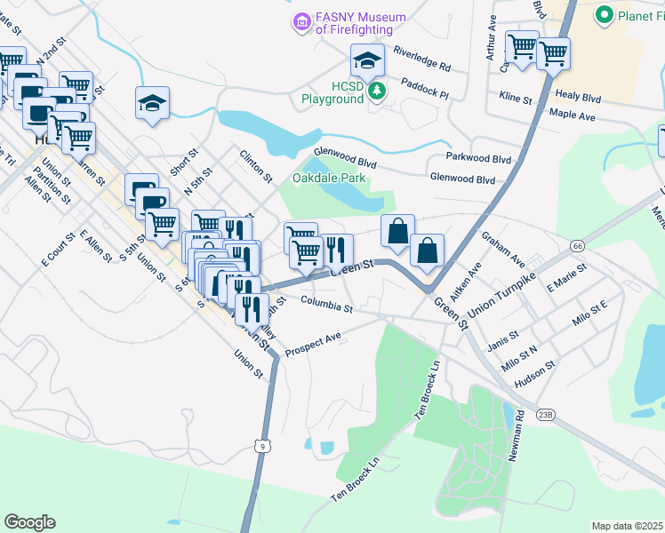map of restaurants, bars, coffee shops, grocery stores, and more near 74 Green Street in Hudson