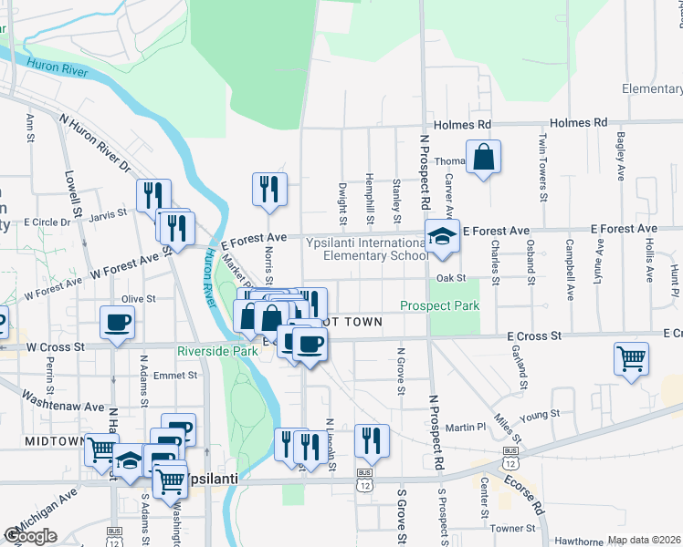 map of restaurants, bars, coffee shops, grocery stores, and more near 206 East Forest Avenue in Ypsilanti