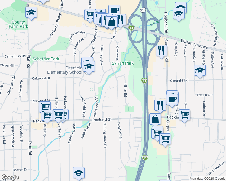 map of restaurants, bars, coffee shops, grocery stores, and more near 2666 Yost Boulevard in Ann Arbor