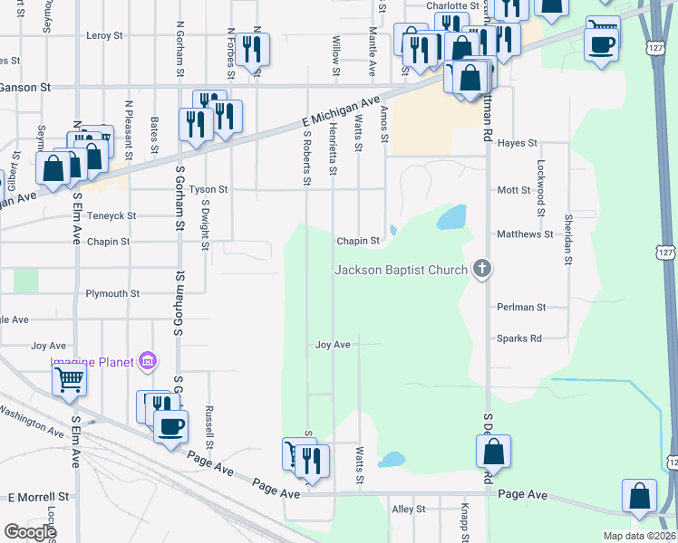 map of restaurants, bars, coffee shops, grocery stores, and more near 2722 Joy Avenue in Jackson
