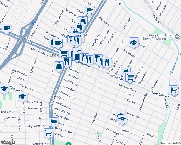 map of restaurants, bars, coffee shops, grocery stores, and more near 1077 Southfield Road in Lincoln Park