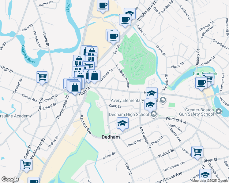 map of restaurants, bars, coffee shops, grocery stores, and more near 449 High Street in Dedham