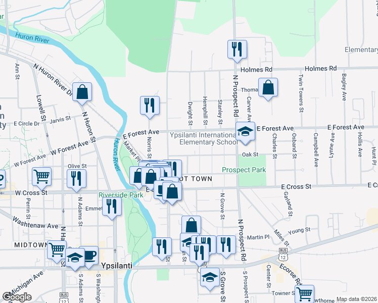 map of restaurants, bars, coffee shops, grocery stores, and more near 206 East Forest Avenue in Ypsilanti