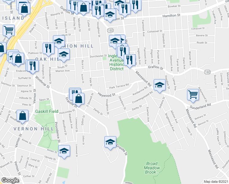 map of restaurants, bars, coffee shops, grocery stores, and more near 109 Heywood Street in Worcester