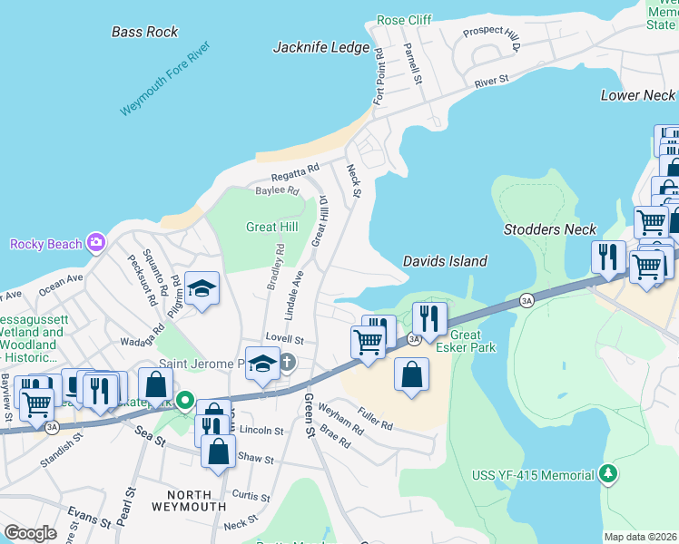 map of restaurants, bars, coffee shops, grocery stores, and more near 345 Neck Street in Weymouth