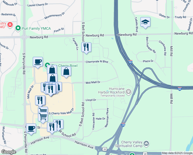 map of restaurants, bars, coffee shops, grocery stores, and more near 1754 Millbrook Lane in Cherry Valley