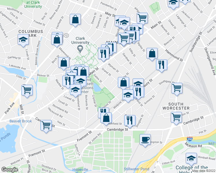 map of restaurants, bars, coffee shops, grocery stores, and more near 51 Gates Street in Worcester